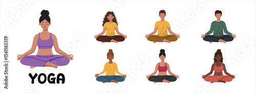 Diverse People Meditating in Lotus Position Isolated on White