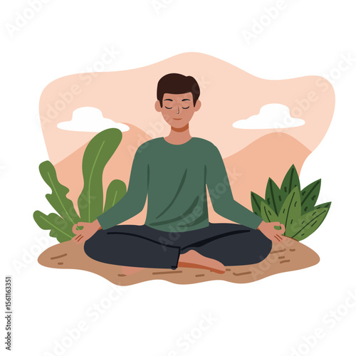 Meditating Man in Green Shirt with Relaxed Expression in Nature Setting