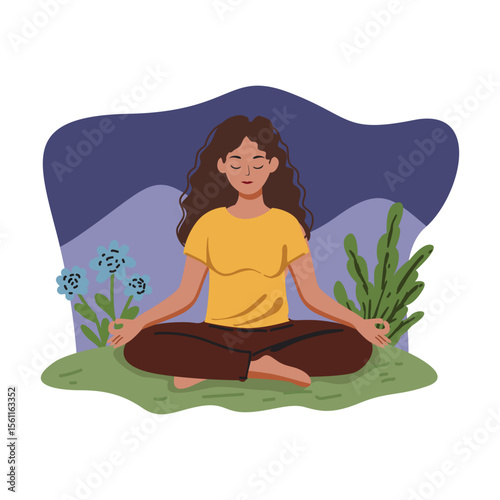 Meditating Woman Sitting Cross-Legged with Eyes Closed in a Peaceful Outdoor Scene