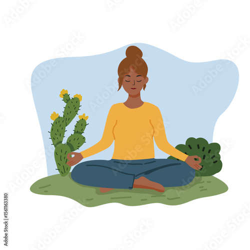 Meditating Woman in Yellow Top Sitting in Lotus Position Outdoors