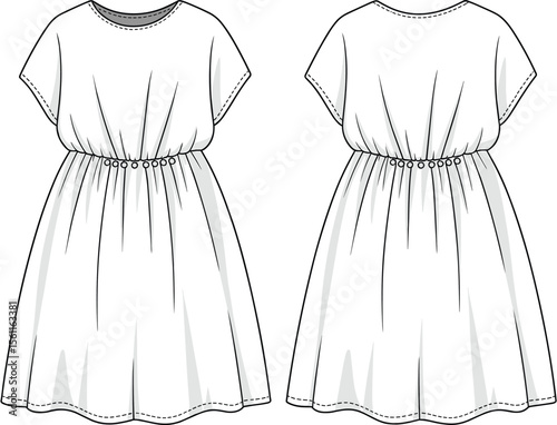 Flat technical CAD drawing vector illustration of loose fit short sleeve dress with gathered elastic waist and front back detailed view