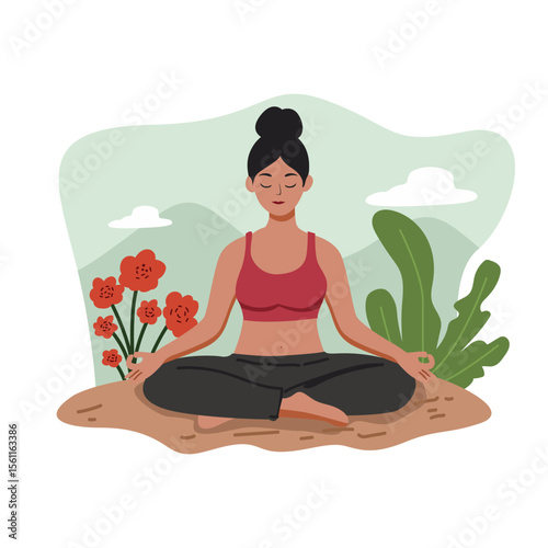 Calm Woman Meditating Outdoors in Red Top and Black Pants