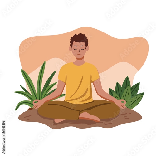 Meditating Man Sitting in Lotus Position in Nature Illustration