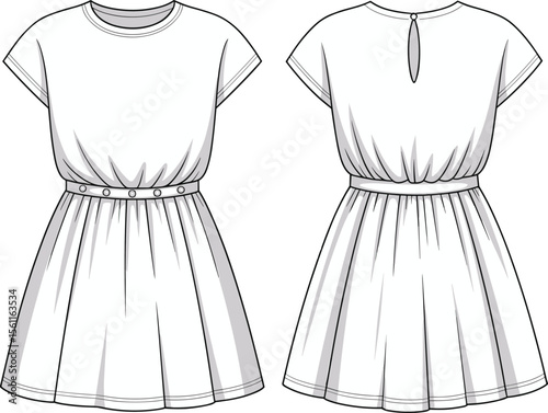 Flat technical CAD drawing vector illustration of short sleeve casual dress with waistband button detail front back view for fashion design
