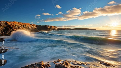 Ocean waves crashing against rocky coast during golden sunset with sun rays and clouds. Sea foam against cliffs creates dynamic, scenic vista with warm colors