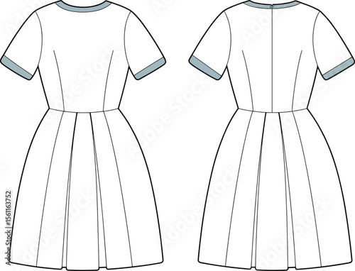 Flat technical CAD drawing vector illustration of short sleeve flared dress with contrasting collar and cuff details front and back view
