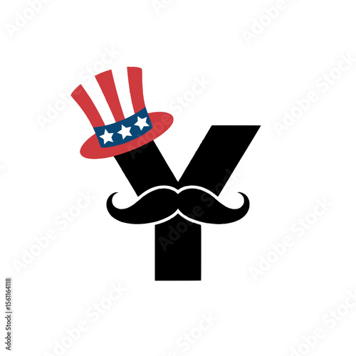 Patriotic Letter Y with Mustache and Uncle Sam Hat, Creative letter Y graphic featuring a stylish mustache and an Uncle Sam hat, symbolizing American patriotism and festive spirit.

