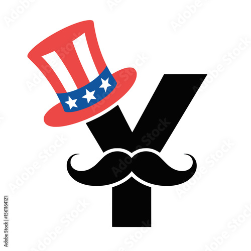 Patriotic Letter Y with Mustache and Uncle Sam Hat, Creative letter Y graphic featuring a stylish mustache and an Uncle Sam hat, symbolizing American patriotism and festive spirit.

