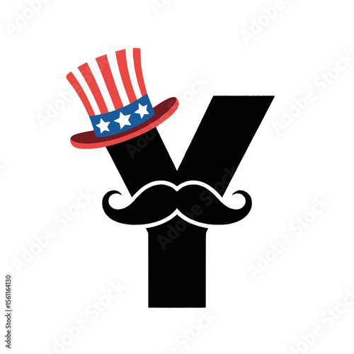Patriotic Letter Y with Mustache and Uncle Sam Hat, Creative letter Y graphic featuring a stylish mustache and an Uncle Sam hat, symbolizing American patriotism and festive spirit.

