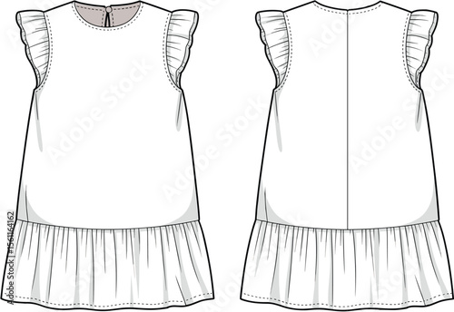 Flat technical CAD drawing vector illustration of sleeveless frill sleeve dress with gathered ruffle hem front back view fashion design