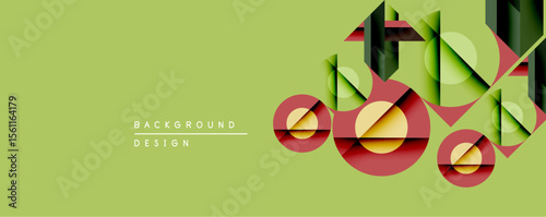Abstract geometric composition. Overlapping circles, rectangles create layered effect. Soft green background complements warm color palette. Modern design element.