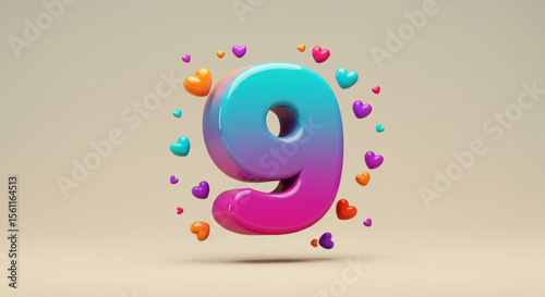 Colorful 3D number nine alpha character with glossy gradient and floating hearts for celebration design.
