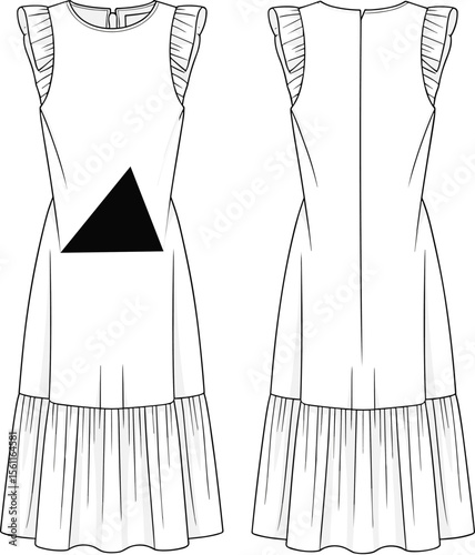 Flat technical CAD drawing vector illustration of sleeveless frill sleeve dress with tiered skirt stylish front back view design