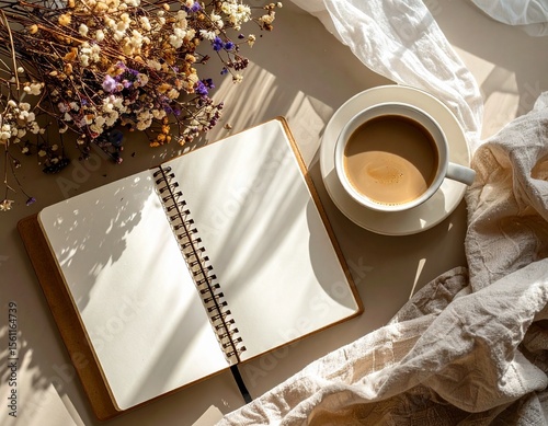 A cozy flat lay of a home workspace featuring a notebook, a cup of coffee, dried flowers, and soft sunlight coming through a window. Ideal for themes like productivity, creative work, journaling, and 