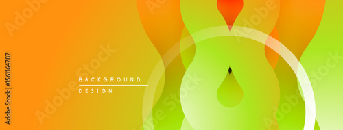 Abstract vibrant background. Orange, yellow, green gradients create flowing shapes, circles, drops. Modern design element.