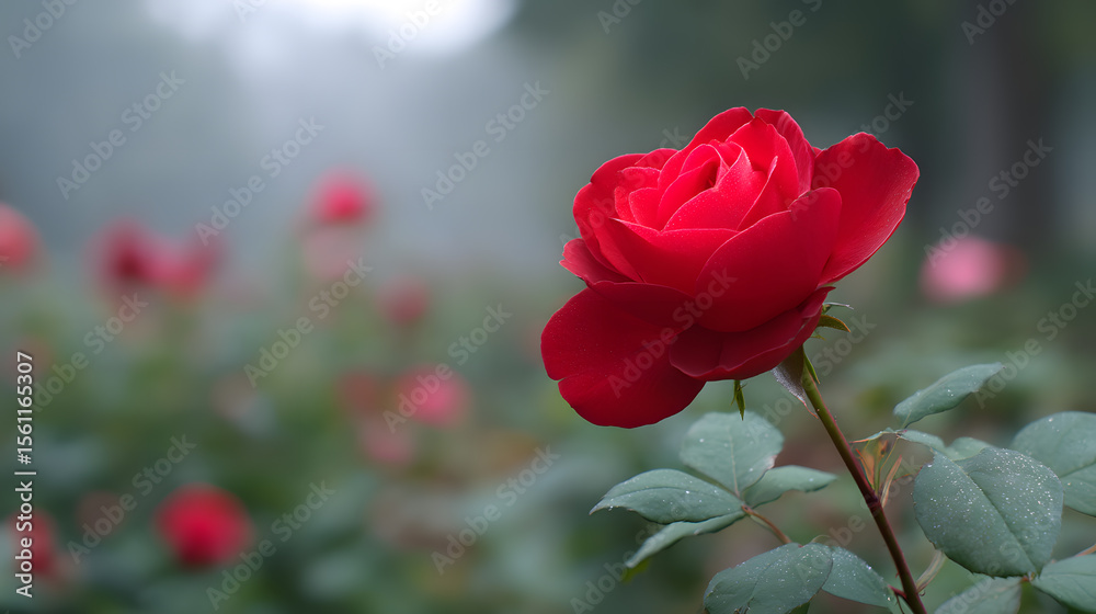 Obraz premium Scarlet Rose: A close-up shot of a vibrant scarlet rose in full bloom, its velvety petals radiating a rich, crimson hue. The soft focus background, with other rose bushes, adds depth.