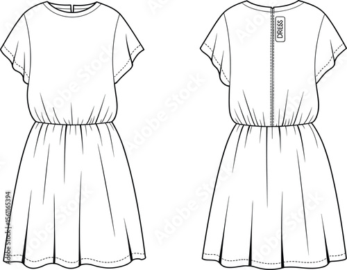 Flat vector CAD fashion technical drawing of short sleeve gathered waist dress front and back view for design template sketch