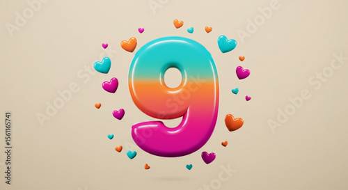 Colorful 3D number nine with a vibrant gradient and surrounding hearts. Festive typography for a birthday or anniversary celebration.