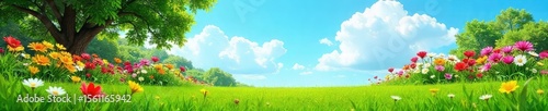 Vibrant summer scene featuring a lush green lawn, bright flowers, and a clear blue sky Perfect for travel, vacation, or summer-themed projects , sunshine, landscape, vacation