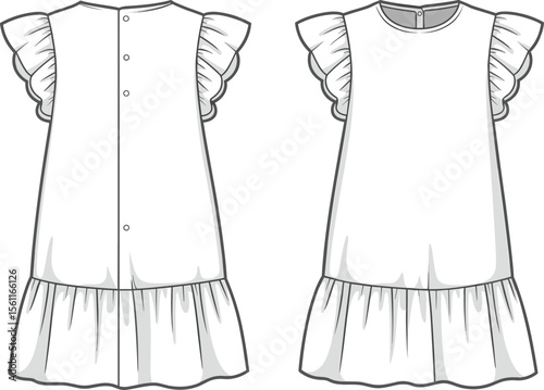 Flat vector CAD technical sketch of short ruffle sleeve dress with button back detail, fashion garment design drawing template illustration