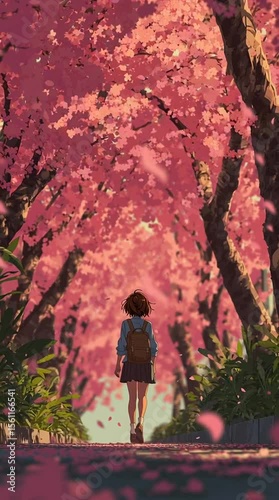 Anime character walking in a cherry blossom park vibrant pink flowers falling on path a beautiful and serene spring scene