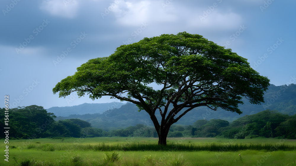 Fototapeta premium Serene Solitary Tree: A magnificent tree, with its expansive canopy and sturdy trunk, stands majestically in a tranquil green landscape. Under a captivating cloudy sky.