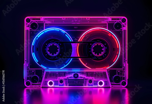 A glowing cassette tape with blue and red lights on a dark reflective surface in a neon style art