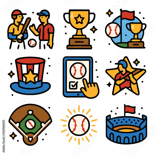 Made in USA collection featuring baseball icons, players, trophies, and a stadium. Ideal for sportsrelated designs and Americanthemed projects.