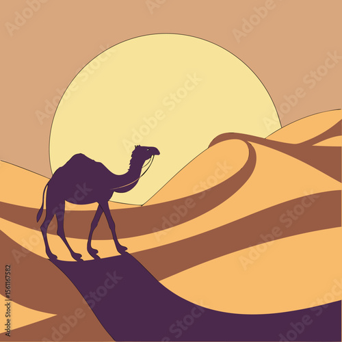 Camel Caravan Silhouette in Desert at Night with Full Moon