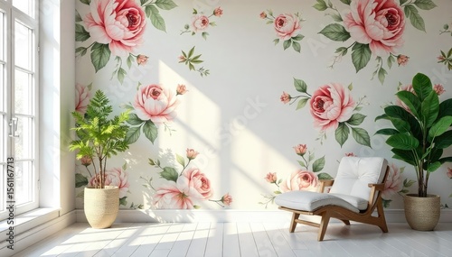 Elegant floral wallpaper adorns a sunlit interior, creating a serene and beautiful space Perfect for home decor, interior design, and springtime themes , springaesthetic, interior