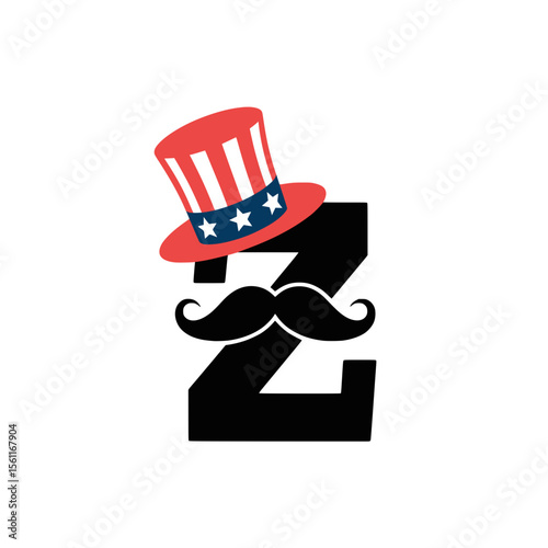 Patriotic Letter Z with Mustache and Uncle Sam Hat, Playful letter Z illustration featuring a black mustache and an Uncle Sam top hat, ideal for American patriotic or festive designs.

