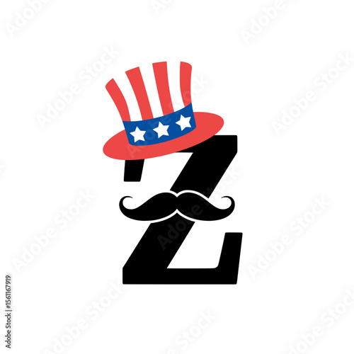 Patriotic Letter Z with Mustache and Uncle Sam Hat, Playful letter Z illustration featuring a black mustache and an Uncle Sam top hat, ideal for American patriotic or festive designs.

