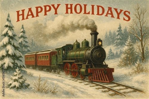 Vintage Train Holiday, Christmas, Vintage, Train, Snow, Winter, Xmas, Santa, Christmas Tree, Holiday