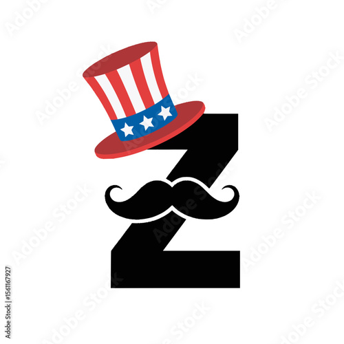Patriotic Letter Z with Mustache and Uncle Sam Hat, Playful letter Z illustration featuring a black mustache and an Uncle Sam top hat, ideal for American patriotic or festive designs.

