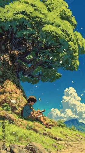 Anime character journaling under a large green tree in a serene natural landscape with mountains and blue sky peaceful outdoor scene