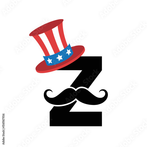 Patriotic Letter Z with Mustache and Uncle Sam Hat, Playful letter Z illustration featuring a black mustache and an Uncle Sam top hat, ideal for American patriotic or festive designs.

