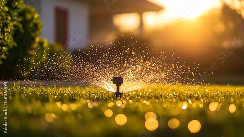 Golden hour sprinkler watering lush green grass with bokeh effect