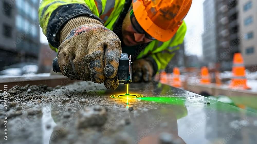 Construction worker uses laser level for precise measurement on a concrete surface outdoors in winter with snowy surroundings and orange traffic cones