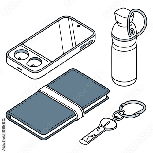 Isometric view of a smartphone with earbud storage, a wallet, a water bottle, and a key with a keychain