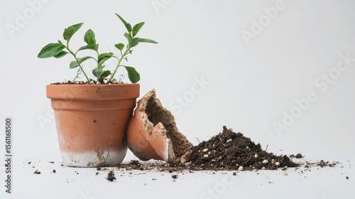 44.A close-up of a broken terracotta flower pot with sharp cracks, a green plant lying uprooted beside it, and soil scattered across a clean white surface.