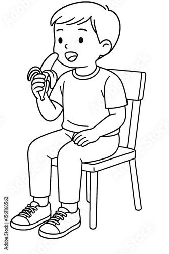 Happy child sitting on a chair and eating a peeled banana happily in a simple line drawing style. 