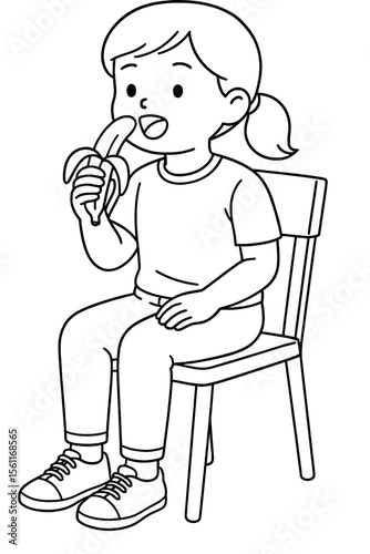 A happy little girl sits on a simple wooden chair, peeling and eating a fresh banana, enjoying a healthy snack in a lighthearted illustration.