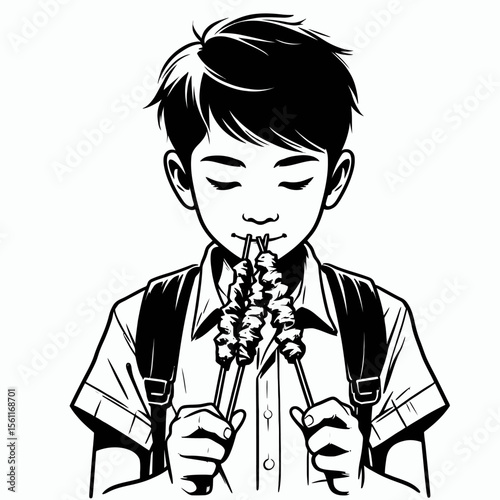 A young boy with a backpack enjoys a delicious satay, his eyes closed in pure contentment, savoring the rich flavors of this popular Southeast Asian dish.