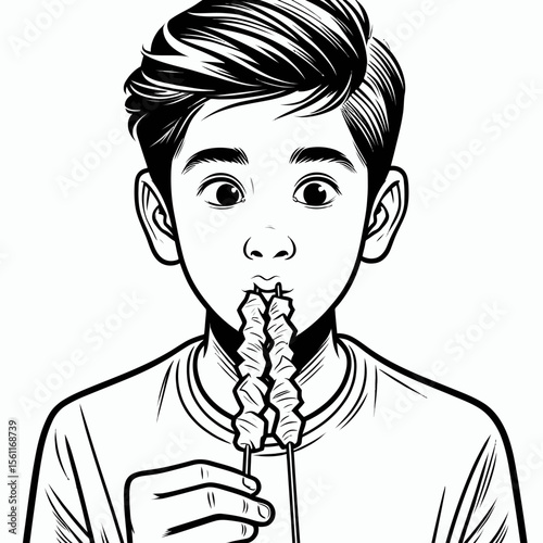 A young boy with a surprised expression enjoys eating delicious grilled satay, a popular Southeast Asian dish, depicted in a black and white illustration style.