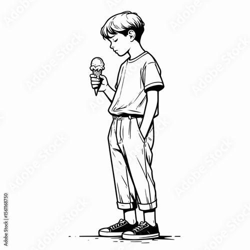 A young boy stands pensively holding an ice cream cone, his simple attire and thoughtful expression creating a poignant monochrome illustration.