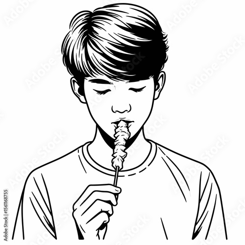 Close-up black and white illustration of a young man with short hair, eyes closed, serenely enjoying a sweet treat on a stick, 