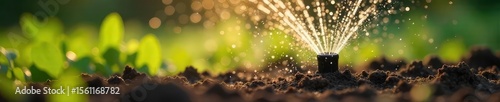 Close-up view of a sprinkler head gently watering dry soil, revitalizing thirsty earth, promoting healthy plant growth Water droplets sparkle in the sunlight , sparkle, technology, outdoor