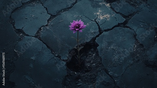 100.A lone purple flower thriving in a deep crevice of an old, uneven asphalt road, symbolizing resilience against the odds.