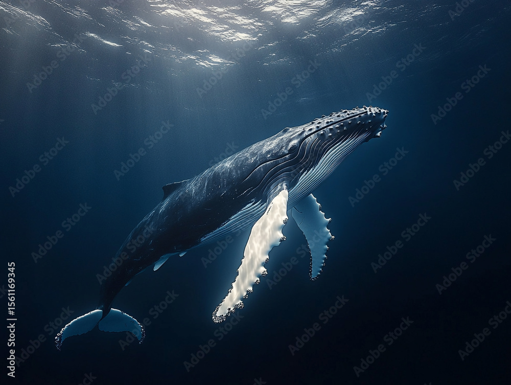 Fototapeta premium A majestic humpback whale gracefully swims underwater, bathed in dappled sunlight filtering through the ocean's surface.
