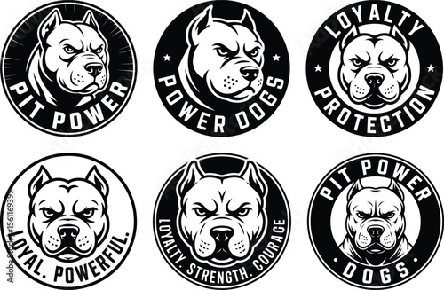 Silhouette vector set of six powerful pitbull emblems with bold texts loyalty strength courage and protection